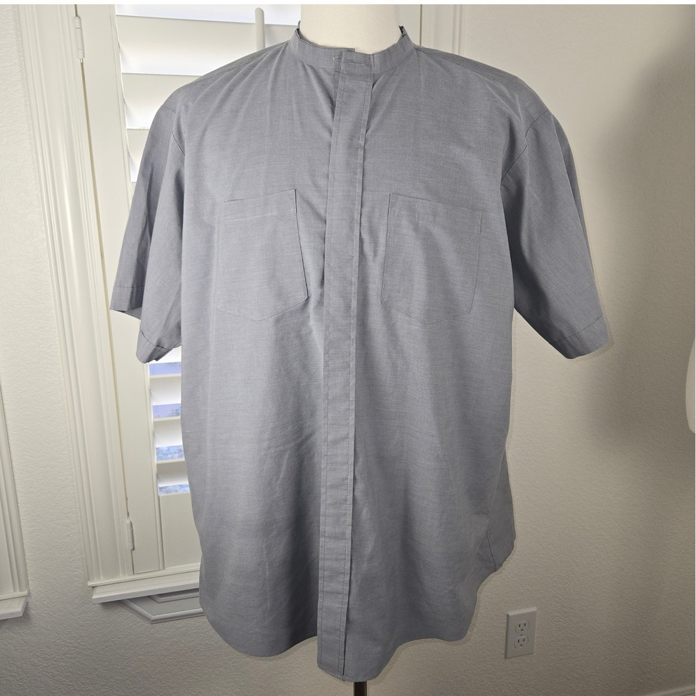 CM ALMY Mens Gray Short Sleeve Band Collar Shirt 17 1/2‎ Clergy button up